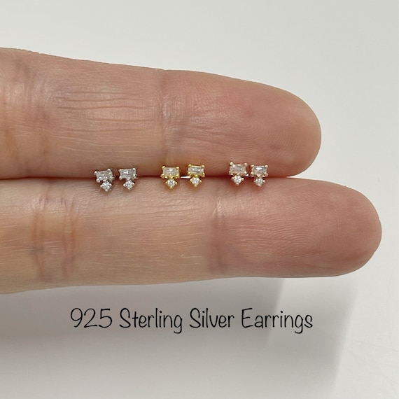 Pair of 925 Sterling Silver Diamond Baguette CZ Minimal Hoop Earrings Pair of 925 Sterling Silver Diamond Baguette CZ Minimal Hoop Earrings