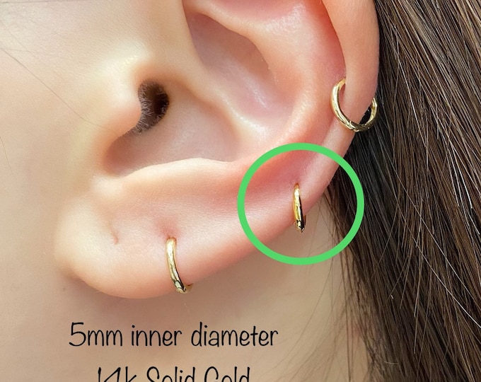 5mm 14k Solid Gold "SUPER TINY"Tragus Huggie Hoop Earring, 14k Solid Gold Hoop Tragus, Rook, Daith, Forward Helix, Mid Cartilage