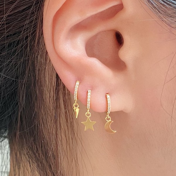 Vermeil hangoorring: zirkonia's steker, ster, halve maan bedel (enkel)