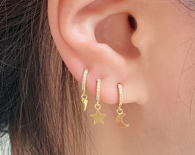 Spike Hoop, Star Hoop, Crescent Hoop (Single), 8mm (inner diameter) dangle hoop earring, Vermeil Dangle Hoops, Nickel Free