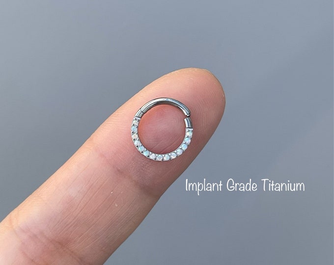 16g 8mm Implant Grade Titanium Hinged Segment Hoop Rings with Opal Paved Front, Septum, Daith clicker