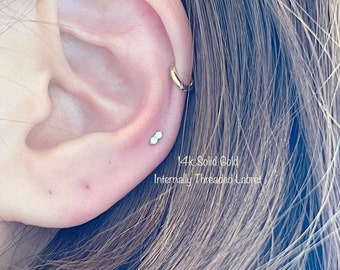 14k Solid Gold Dainty Two CZ Labret Piercing, 14k Solid Gold Internally Threaded labret Cartilage, Tragus, Helix, Conch