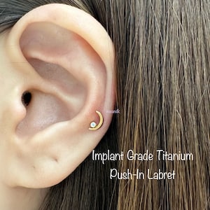 20g 18g 16g  Crescent with Bezel CZ Push In Threadless Titanium Labret, ASTM F-136 Implant Grade Titanium Nickel Free Hypoallergenic