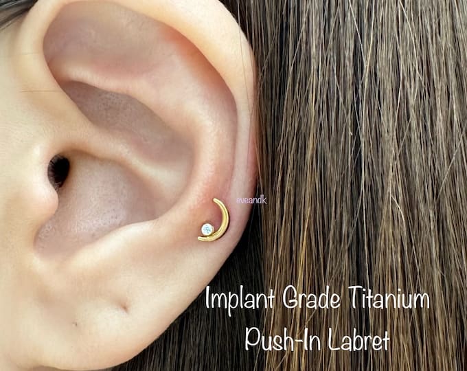 20g 18g 16g  Crescent with Bezel CZ Push In Threadless Titanium Labret, ASTM F-136 Implant Grade Titanium Nickel Free Hypoallergenic