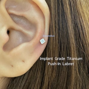 Square CZ Implant Grade Titanium Labret: 16g/18g/20g Push-In Ear Piercing