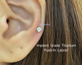 20g 18g 16g Square CZ Push In Implant Grade Titanium Labret, ASTM F-136 Implant Grade Titanium Hypoallergenic Nickel Free