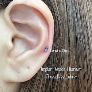 20g 18g 16g Single Marquise Natural Stone Push In Implant Grade Titanium Labret, Dainty Oval Genuine Stone push-in Hypoallergenic