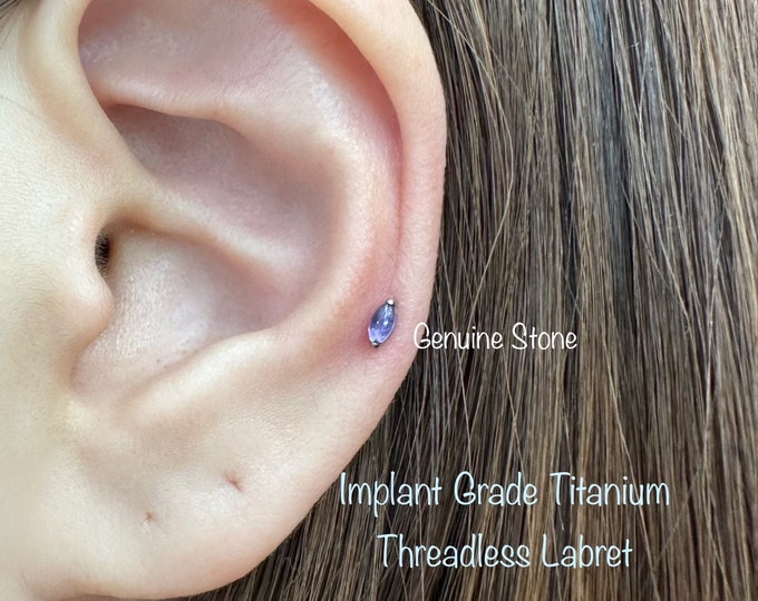20g 18g 16g Single Marquise Natural Stone Push In Implant Grade Titanium Labret, Dainty Oval Genuine Stone push-in Hypoallergenic