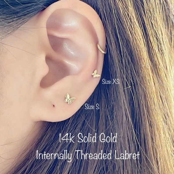 18g 14k Solid Gold Butterfly Internally Threaded Labret Piercing (Single), 14k Solid Gold Piercing Tragus, Mid Cartilage, Helix, Nose