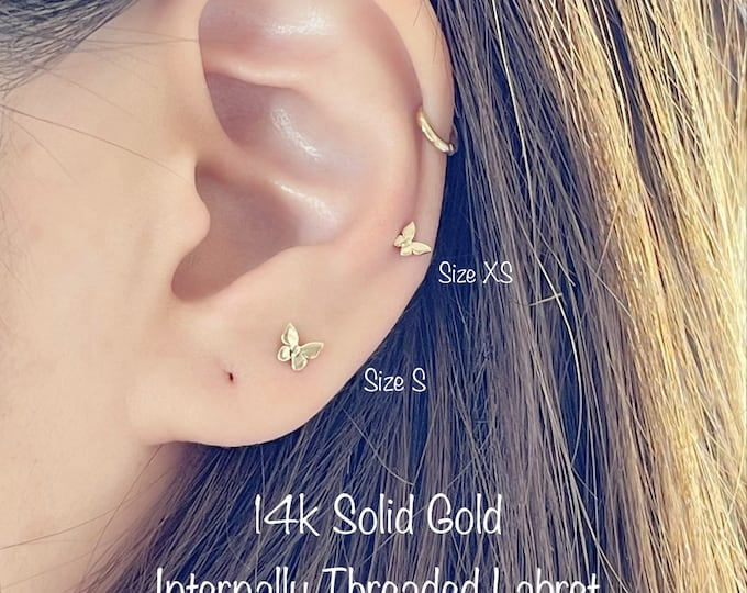 18g 14k Solid Gold Butterfly Internally Threaded Labret Piercing (Single), 14k Solid Gold Piercing Tragus, Mid Cartilage, Helix, Nose