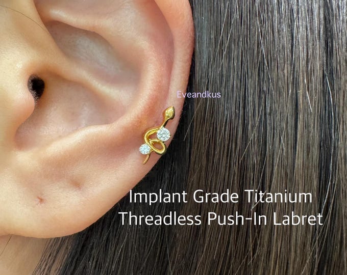 20g 18g 16g Snake with CZ Top Implant Grade Titanium Threadless Push In Labret, Cartilage, Tragus, Conch, Helix