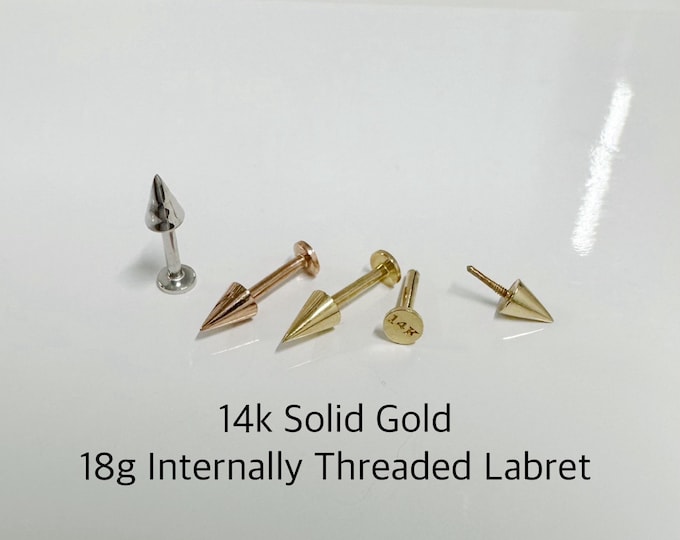 18g 14k Solid Gold Spike Internally Threaded Labret Piercing (Single), 14k Solid Gold Piercing Tragus, Mid Cartilage, Helix, Nose