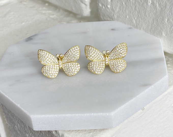 Gold Butterfly Earrings, Full Pave Gold Butterfly Earrings, Vermeil 92.5 Sterling Silver Earrings Special Gift for her