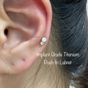 20g 18g 16g Dainty Opal and CZ Push In Threadless Titanium Labret, Implant Grade Titanium for Tragus, Conch, Cartilage, Helix piercing