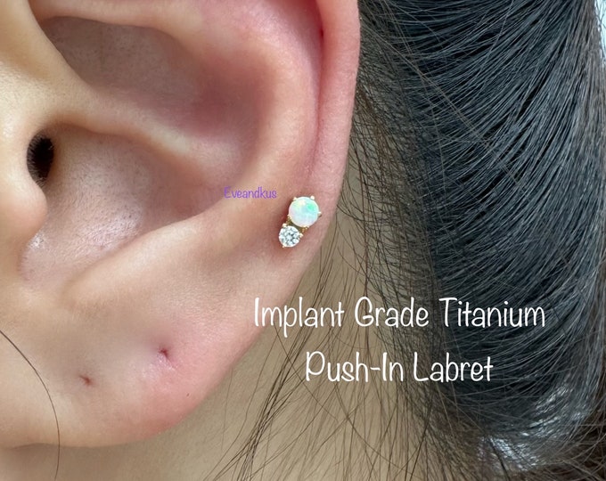 20g 18g 16g Dainty Opal and CZ Push In Threadless Titanium Labret, Implant Grade Titanium for Tragus, Conch, Cartilage, Helix piercing