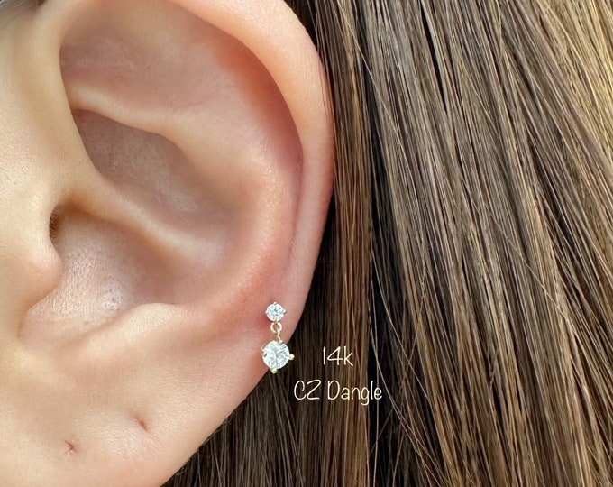 18g 14k Solid Gold CZ Dangle Internally Threaded Labret (Single), 14k Solid Gold Piercing Tragus, Mid Cartilage, Helix