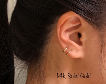 6mm 14k Solid Gold Huggie Hoop Earring(Pair), Minimalist 14k Solid Gold Huggie Hoops