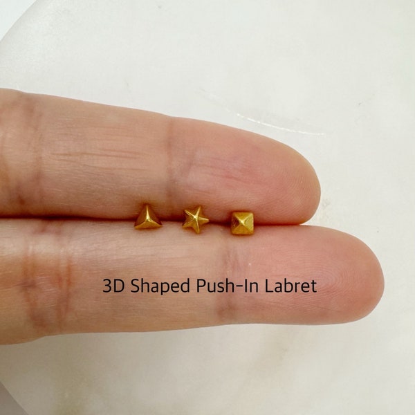 3D Star, Triangle and Square Shaped 316L Surgical Steel Push-In Threadless Labret, Helix, Cartilage, Conch