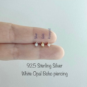 Tiny 2mm White Opal Boho Piercing(Single), Dainty white opal 925 Sterling Silver piercing, Tragus, Mid Cartilage, Helix