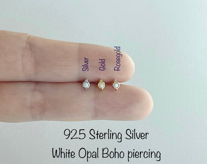 Tiny 2mm White Opal Boho Piercing(Single), Dainty white opal 925 Sterling Silver piercing, Tragus, Mid Cartilage, Helix
