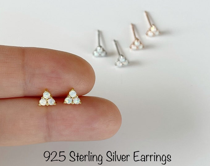 Trinity Genuine White Opal Stud earrings (Pair) 92.5 Sterling silver Nickel Free Hypoallergenic, Minimalist stud earrings