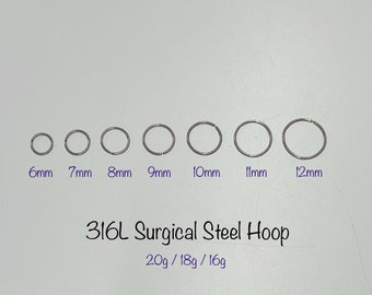 20g 18g 16g Thin Wire Silver Hoop (Single), 316L Surgical Steel Annealed rounded ends cut rings, Cartilage, Nose, Tragus, Conch hoops