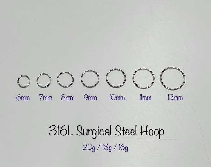 20g 18g 16g Thin Wire Silver Hoop (Single), 316L Surgical Steel Annealed rounded ends cut rings, Cartilage, Nose, Tragus, Conch hoops