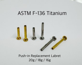 20g 18g 16g 2.5mm Back Disc Push In Labret Bar Replacement 5mm/6mm/7mm/8mm/9mm/10mm ASTM F-136 Implant Grade Titanium