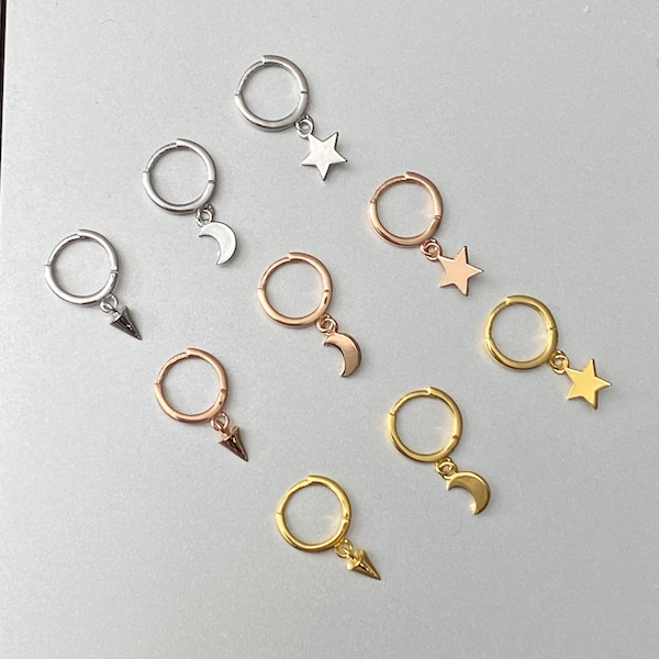 Spike Hoop, Star Hoop, Crescent Hoop (Single), Dainty hoop earring, Vermeil Dangle Hoops, Nickel Free