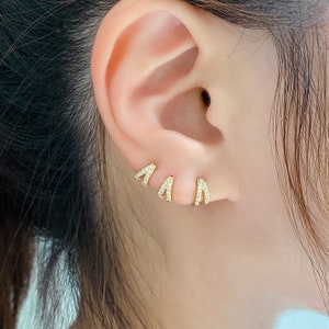 V Shape CZ Hoops (Single or Pair), 6mm/7mm Double Hoops 14k plated over 92.5 Sterling Silver Hoops, Minimalist earrings