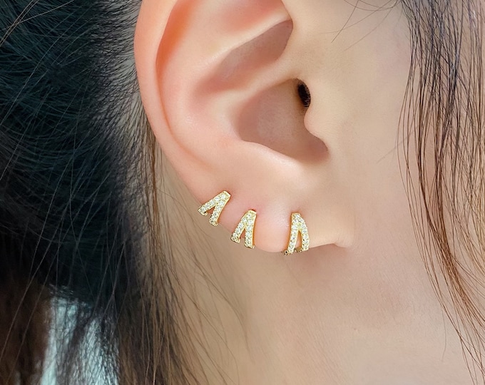 V Shape CZ Hoops (Single or Pair), 6mm/7mm Double Hoops 14k plated over 92.5 Sterling Silver Hoops, Minimalist earrings