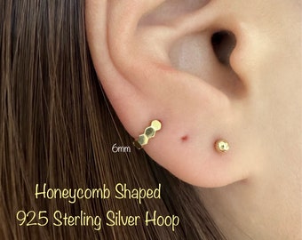 Honeycomb Shaped Huggie Hoop Earring, 6mm/7mm 14k Gold/Rosegold/White PLT 925 Sterling Silver/Nickel Free