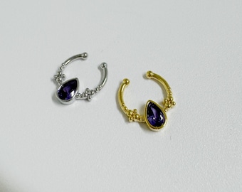 Fake Septum hoop, 316L Surgical Steel fake septum ring with Amethyst CZ