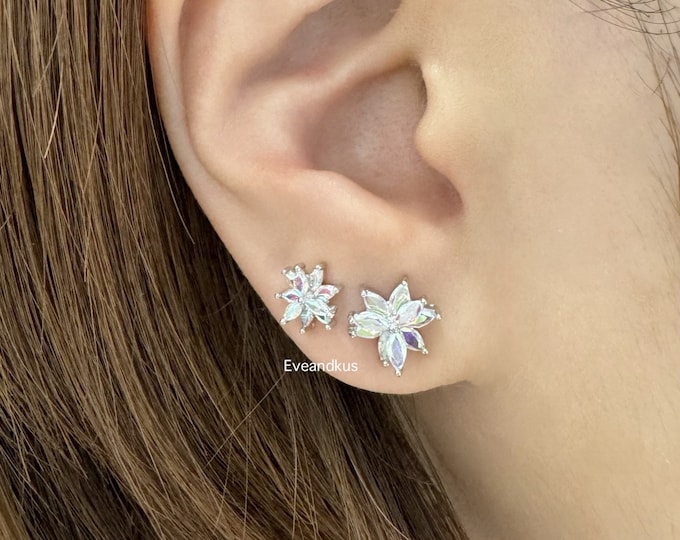 Dainty Snow Flower stud earrings (Pair), Aurora Borealis CZ Snow Flower 316L Surgical steel post stud earrings