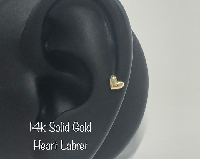 18g 14k Solid Gold Darling Heart Internally Threaded Labret Piercing (Single), 14k Solid Gold Piercing Tragus, Mid Cartilage, Helix, Conch