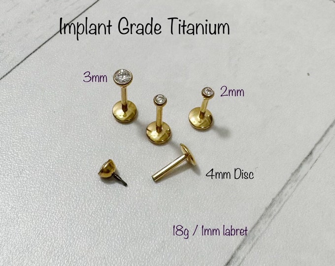 18g 16g Bezel Set Clear CZ Internally Threaded Monroe Labret, 2mm 3mm CZ Titanium Labret for Cartilage, Helix, Tragus, Nose