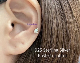 Dainty Opal Boho Milgrain Push-In Threadless Labret, Small Opal piercing for Cartilage, Helix, Tragus