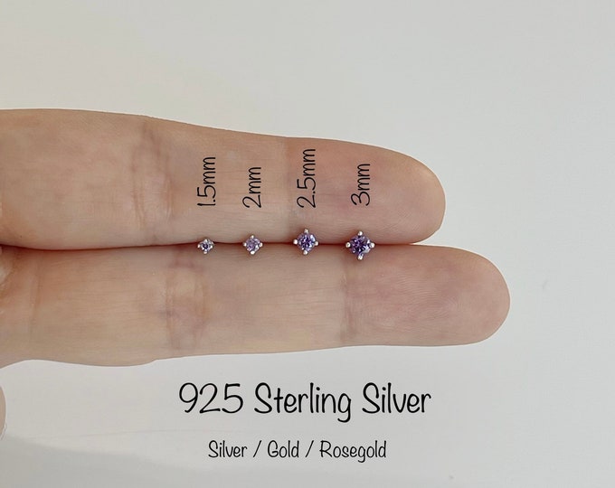 Teeny Tiny Amethyst CZ Stud Earrings (PAIR), 1.5mm/2mm/2.5mm/3mm Purple CZ Studs 925 Sterling Silver earrings, Minimalist Earrings