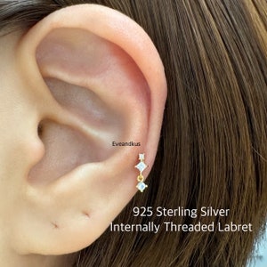 18g Dainty CZ with Moonstone Dangle Internally Threaded Labret, 925 Sterling Silver Cartilage, Tragus, Helix piercing