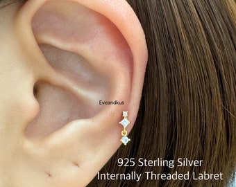 Dainty CZ Moonstone Dangle Labret: 925 Sterling Silver Helix Tragus Piercing