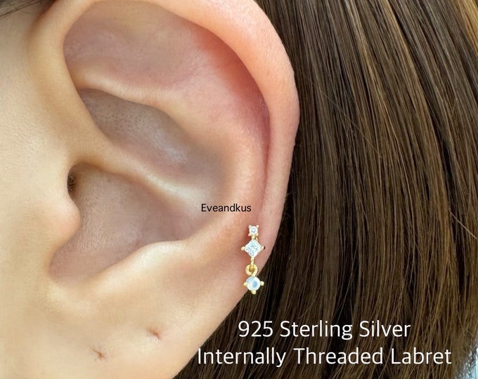 18g Dainty CZ with Moonstone Dangle Internally Threaded Labret, 925 Sterling Silver Cartilage, Tragus, Helix piercing