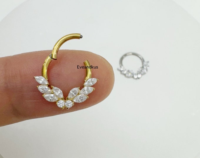 16g 8mm/10mm Septum hoop, Butterfly Center With 3 Marquise CZ ASTM F136 Hoop Septum, Daith hoop, clicker
