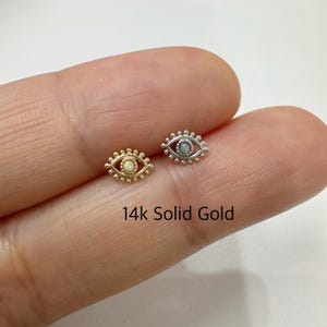 14k Solid Gold Evil Eye Opal Center Push In Threadless Labret, Helix Cartilage Tragus piercing