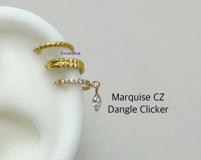 16g Dainty Marquise CZ Dangle hoop, ASTM F136 Implant Grade Titanium Hinged Segment CZ With Marquise Dangle