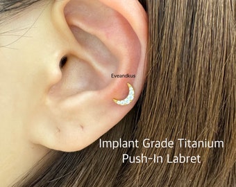 20g 18g 16g CZ Crescent Push In Threadless Titanium Labret, ASTM F-136 Implant Grade Titanium Nickel Free Hypoallergenic