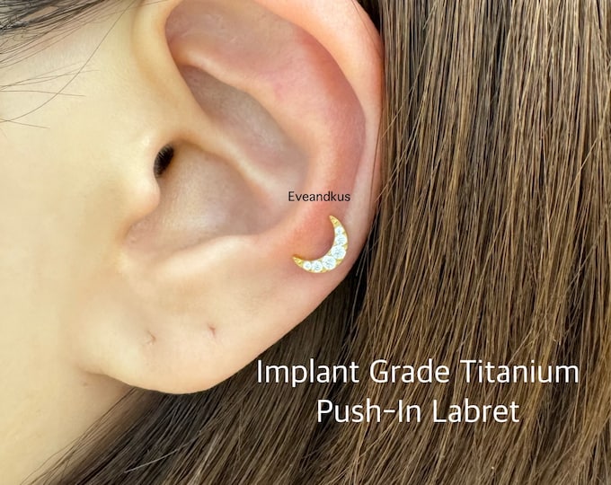 20g 18g 16g CZ Crescent Push In Threadless Titanium Labret, ASTM F-136 Implant Grade Titanium Nickel Free Hypoallergenic