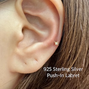 Teeny Tiny Starburst with CZ Push-In Threadless Labret, Tiny Starburst minimalist piercing for Cartilage, Helix, Tragus