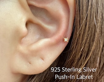 Teeny Tiny Starburst with CZ Push-In Threadless Labret, Tiny Starburst minimalist piercing for Cartilage, Helix, Tragus