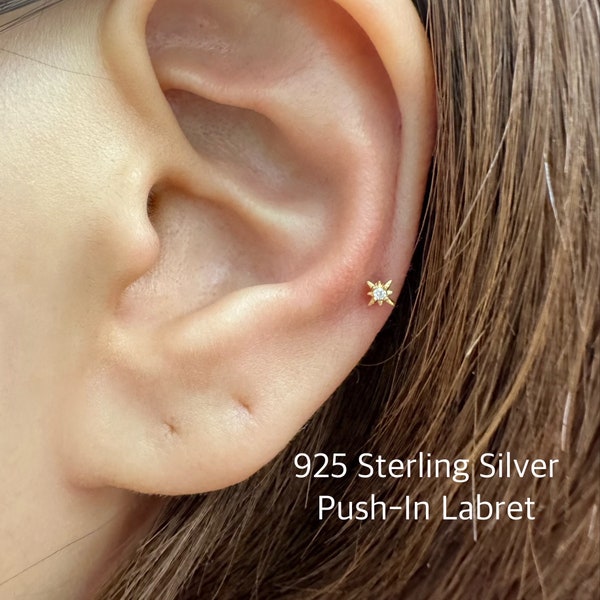 Starburst CZ Sterling Silver Labret: Minimalist Cartilage Piercing