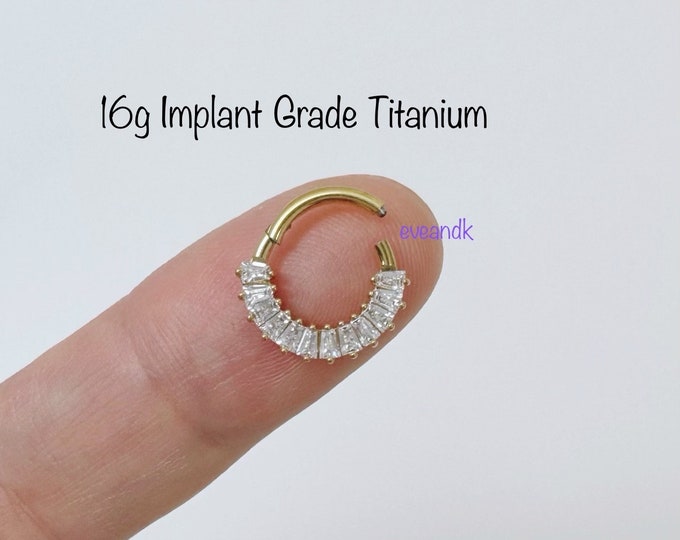 16g 8mm/10mm Baguette CZ Implant Grade Titanium Hinged Segment Hoop Septum, Daith clicker